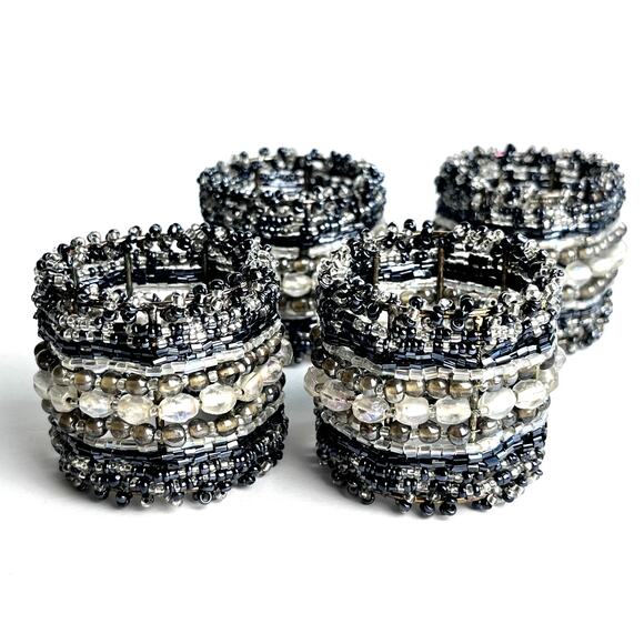 Set of 4 Glass Beaded Napkin Rings Clear Gray Black Tan Elegant Glamour Holiday - Picture 4 of 5